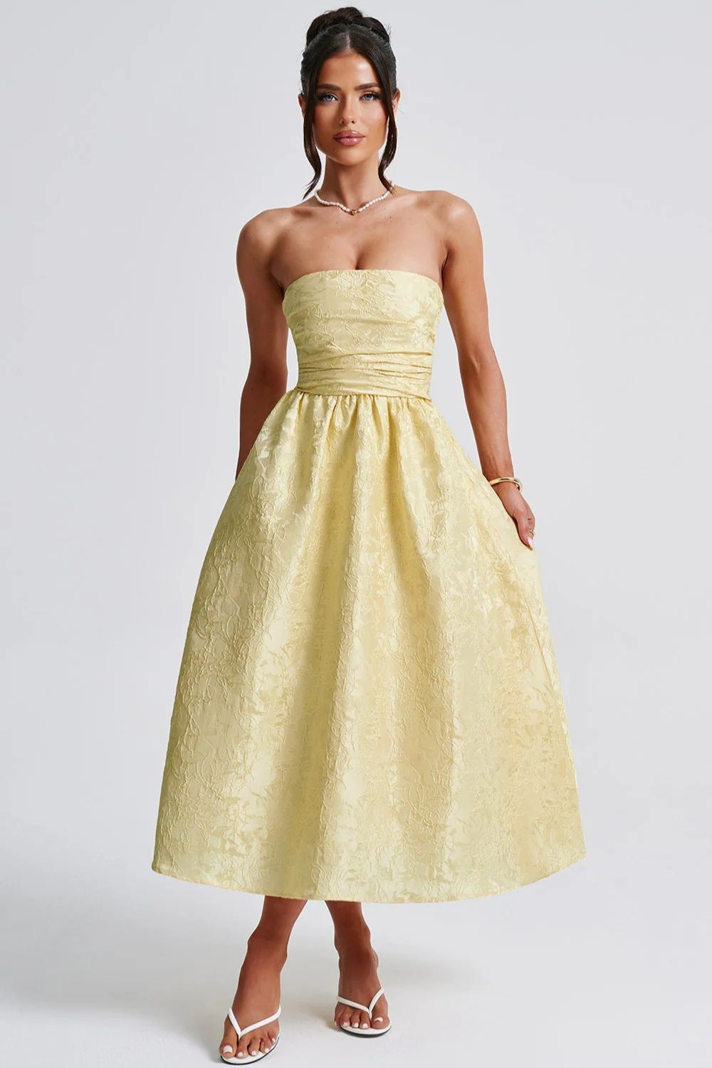 Solid Jacquard Strapless A-Line Party Dress image 11