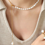 Tessa Pearl Necklace detail view styled for Avrienne