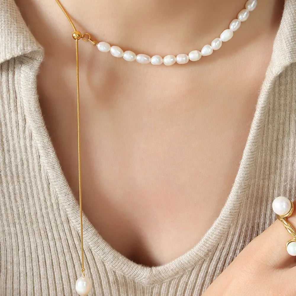 Tessa Pearl Necklace detail view styled for Avrienne