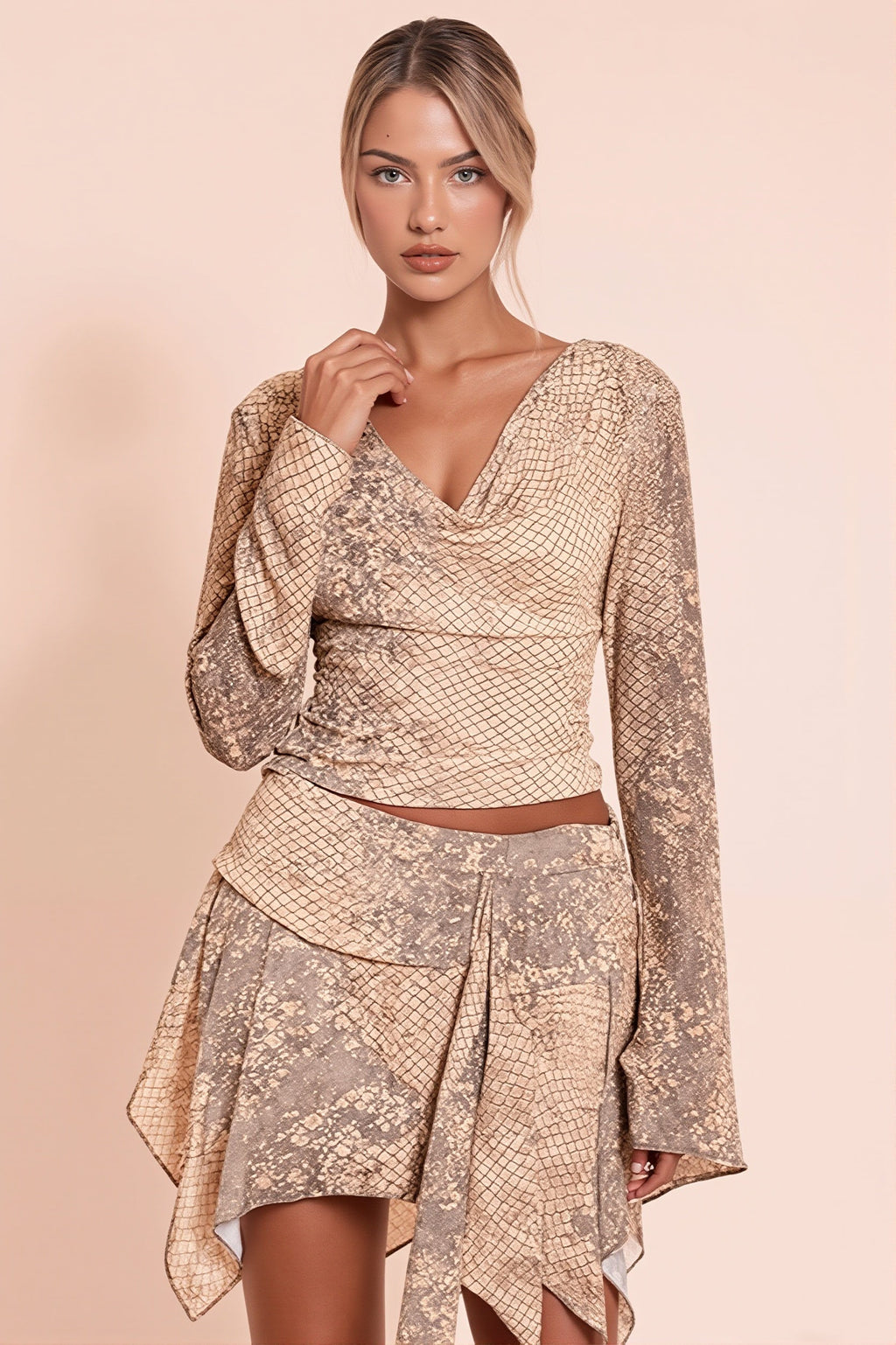 Flowy Snake Print Tie Detail Skirt Set image 3