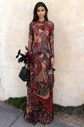 Round Neck Printed Waist Tie High Slit Maxi Dress image 1