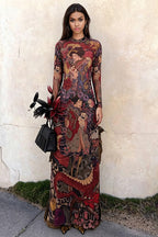 Round Neck Printed Waist Tie High Slit Maxi Dress image 1