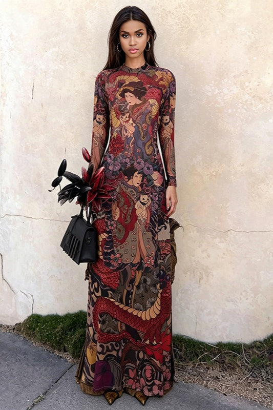 Round Neck Printed Waist Tie High Slit Maxi Dress image 1