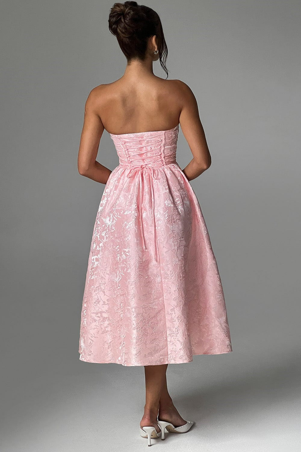 Solid Jacquard Strapless A-Line Party Dress image 2