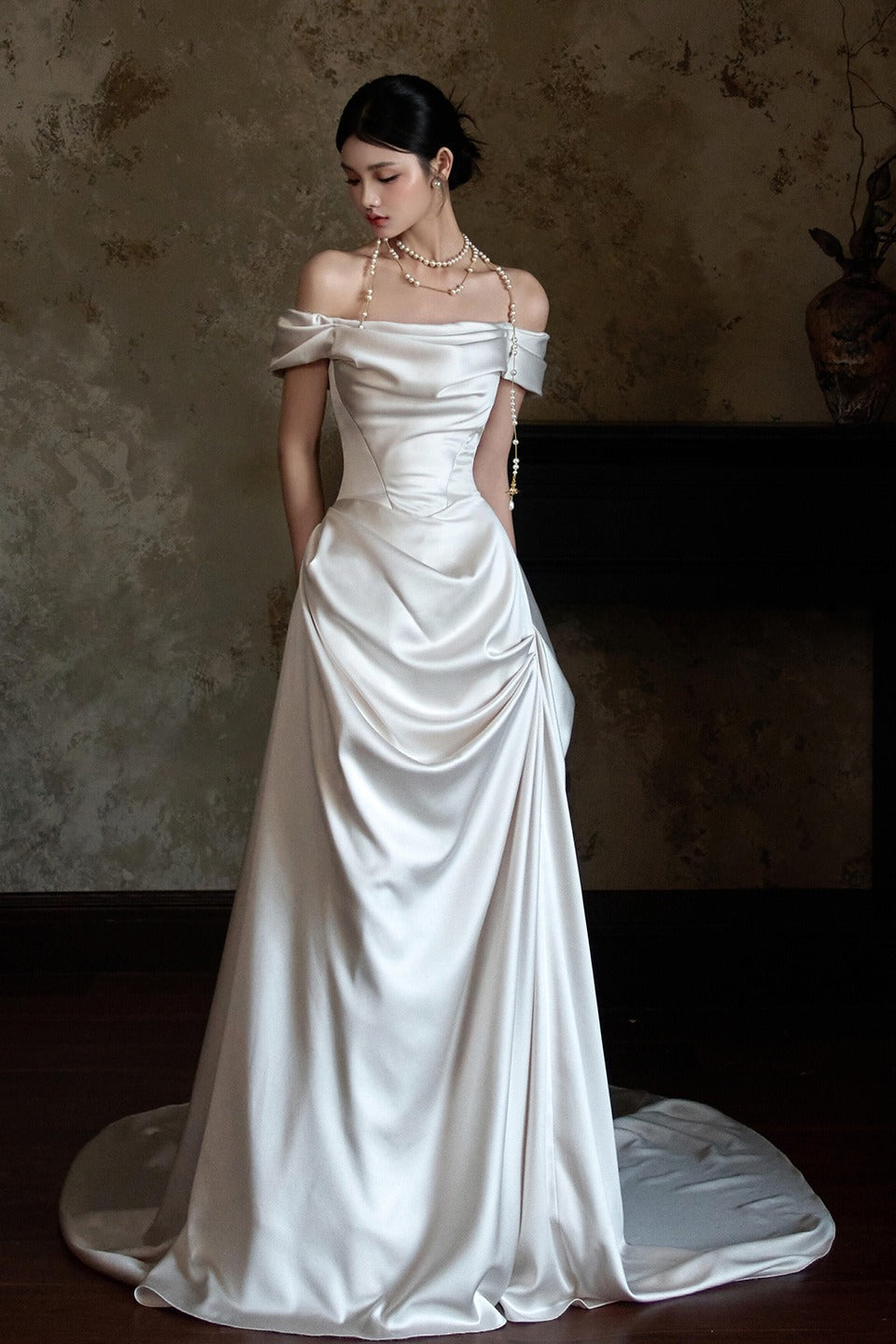 Off Shoulder Satin Train Reception Dress image 1