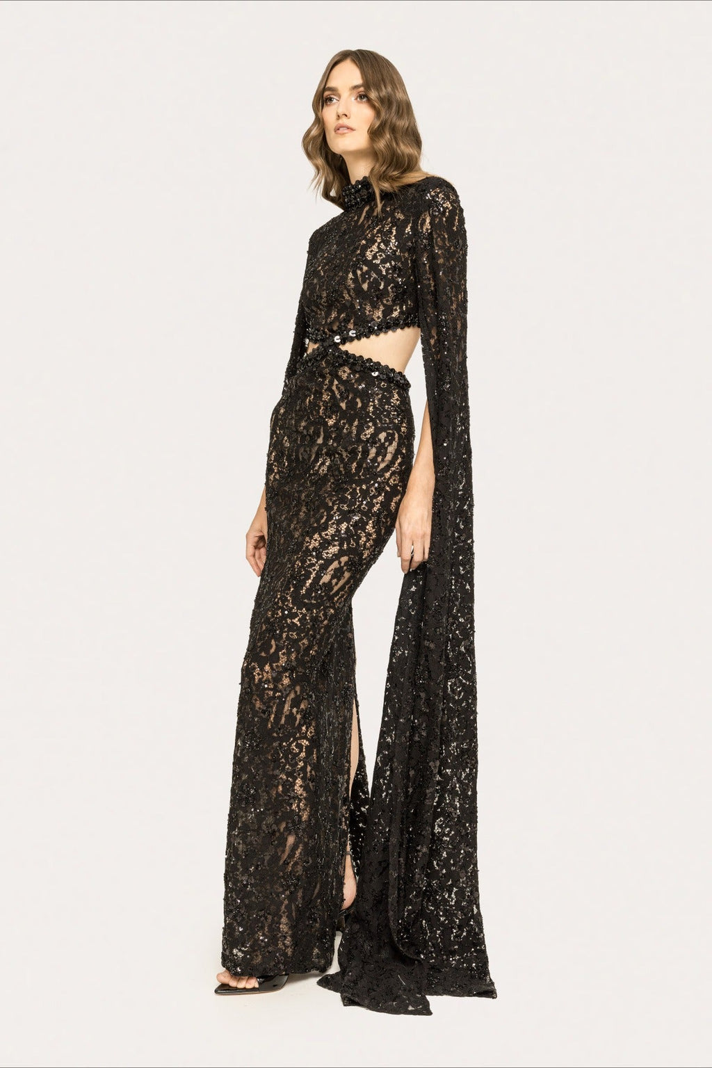 Lace Beaded Sequin Slim Cape Reception Dress image 7