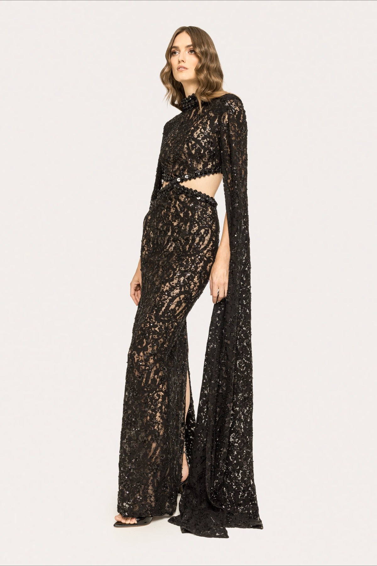 Lace Beaded Sequin Slim Cape Reception Dress image 7