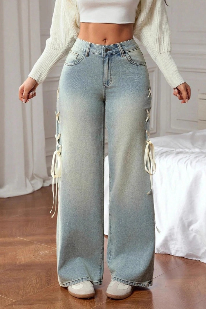 Bow Sash Decor Loose Wide Leg Jeans image 4