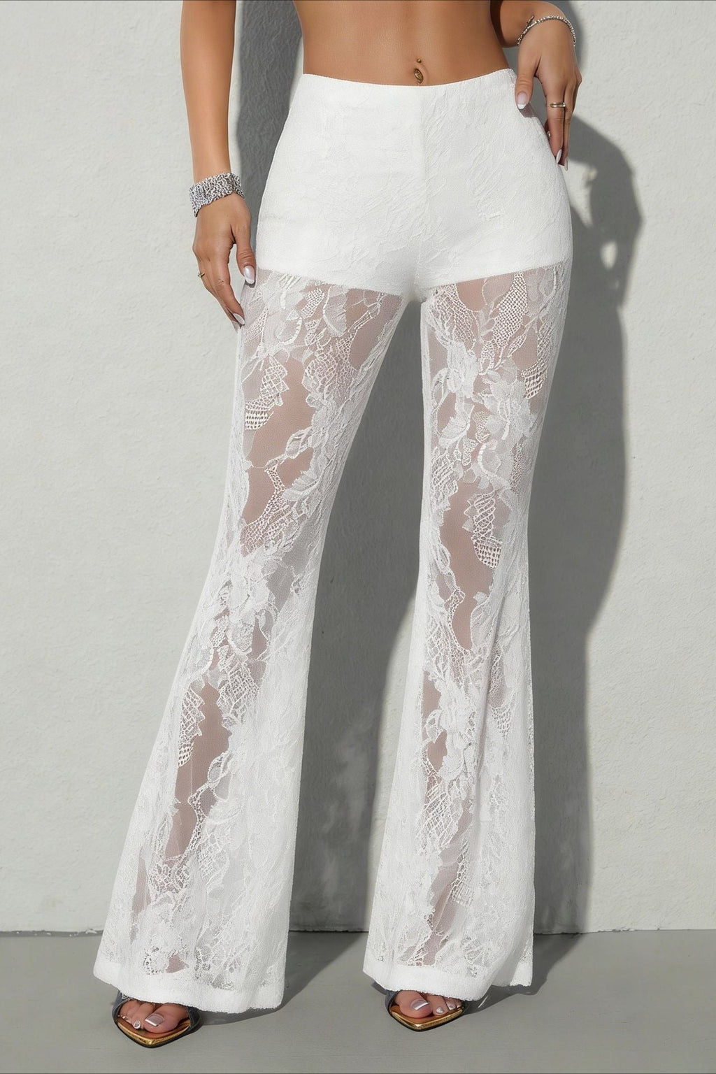 Chic Lace Panel Flared Mesh Pants image 5