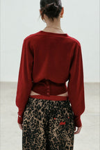Red V Neck Knit Cardigan Blouse image 3