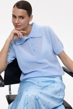 Minimalist Polo Hollow Knit Puff Sleeve Blouse image 13