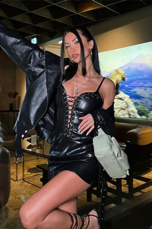 Solid Sexy Deep V Tie Leather Cami Mini Dress image 3