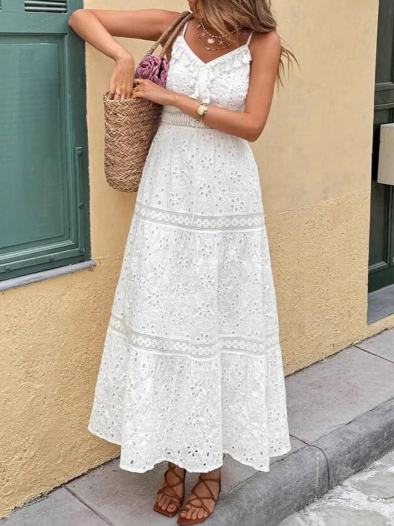 Carina Eyelet Dress detail view styled for Avrienne