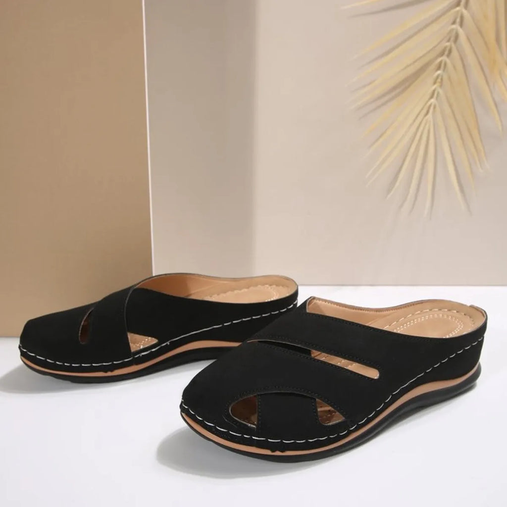 Alina Wedge Sandals detail view styled for Avrienne