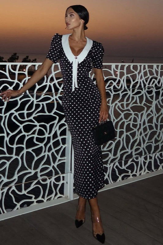 Polka Dot V-Neck Puff Sleeve Bodycon Maxi Dress image 3