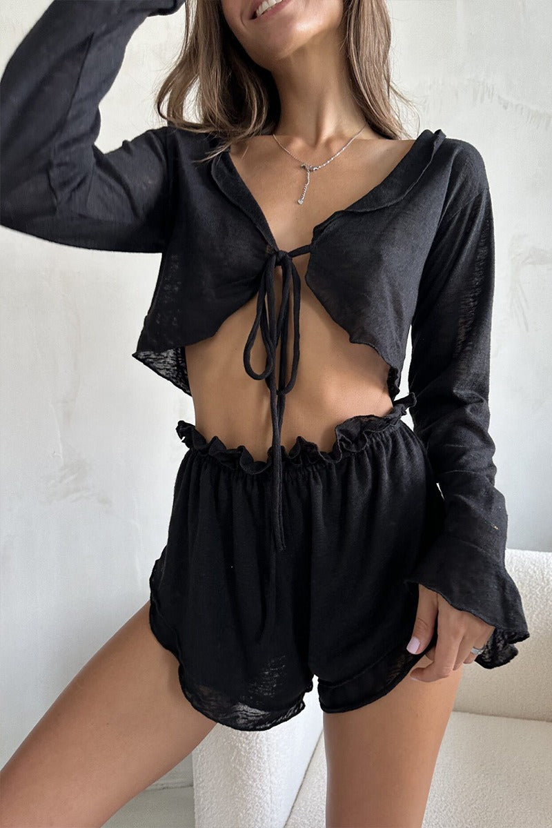 Sheer Knit Tie Front Cardigan Shorts Two Piece Set image 10