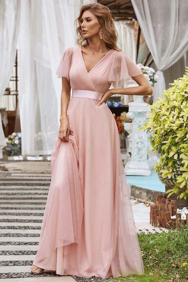 V Neck Mesh Elegant Ruffle Long Reception Dress image 5