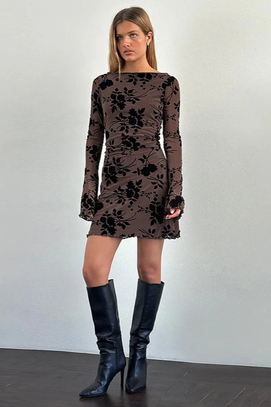 Velvet Floral Flocked Slim Fit Long Sleeve Mini Party Dress image 4
