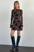 Velvet Floral Flocked Slim Fit Long Sleeve Mini Party Dress image 4