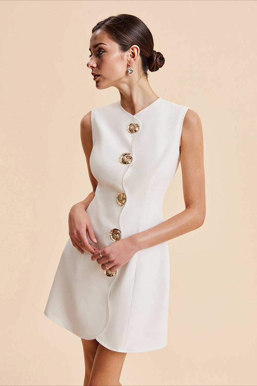 Round Neck Buttoned Solid Mini Dress image 2