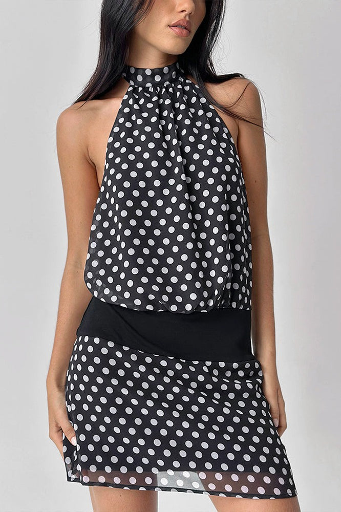 Polka Dot Halter Backless Chiffon Bodycon Mini Dress image 2