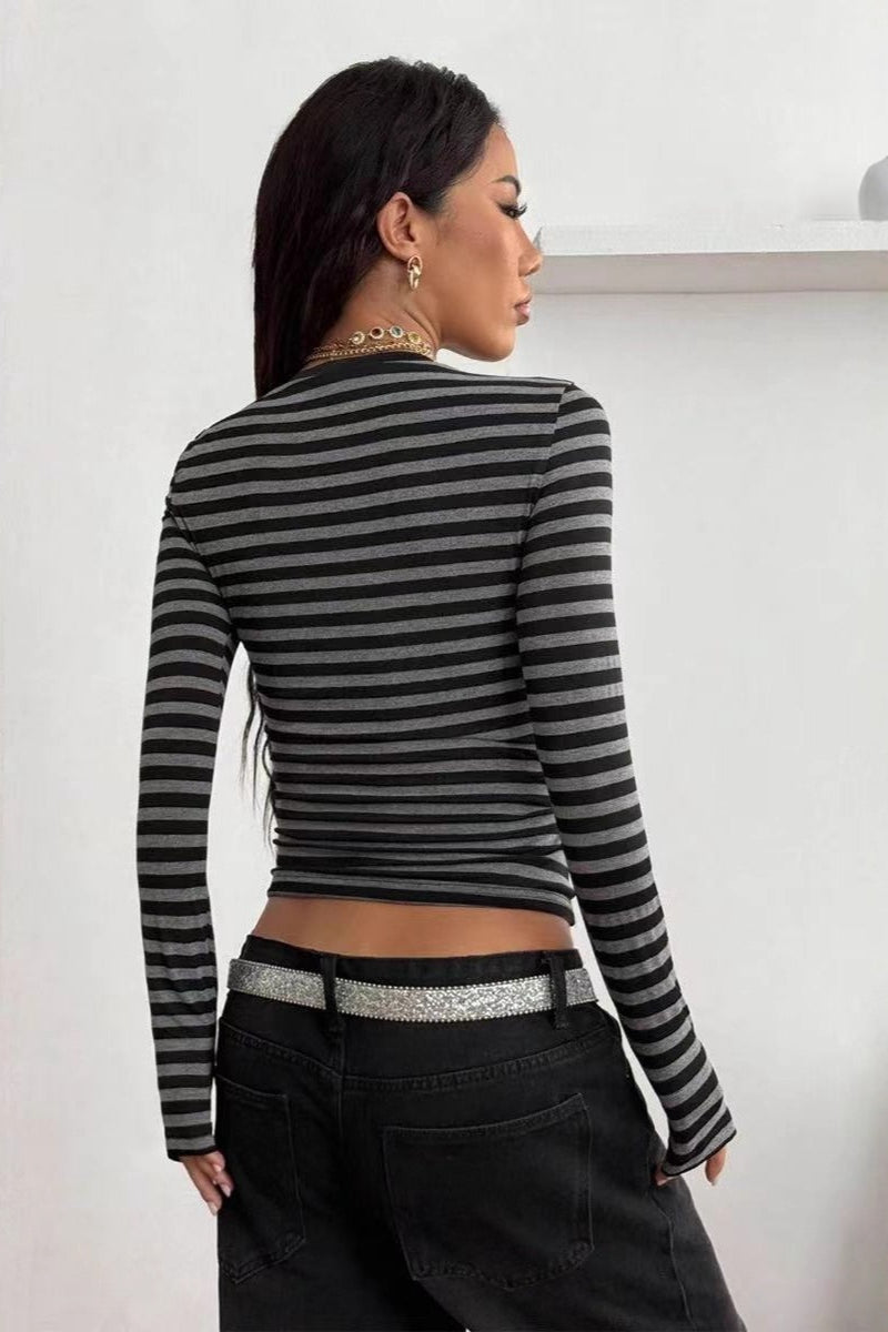 Sexy Slim Fit Striped Crew Neck Long Sleeve Tee image 2