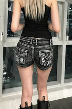 Chic Retro Destroyed Embroidered Rivet Denim Shorts image 1