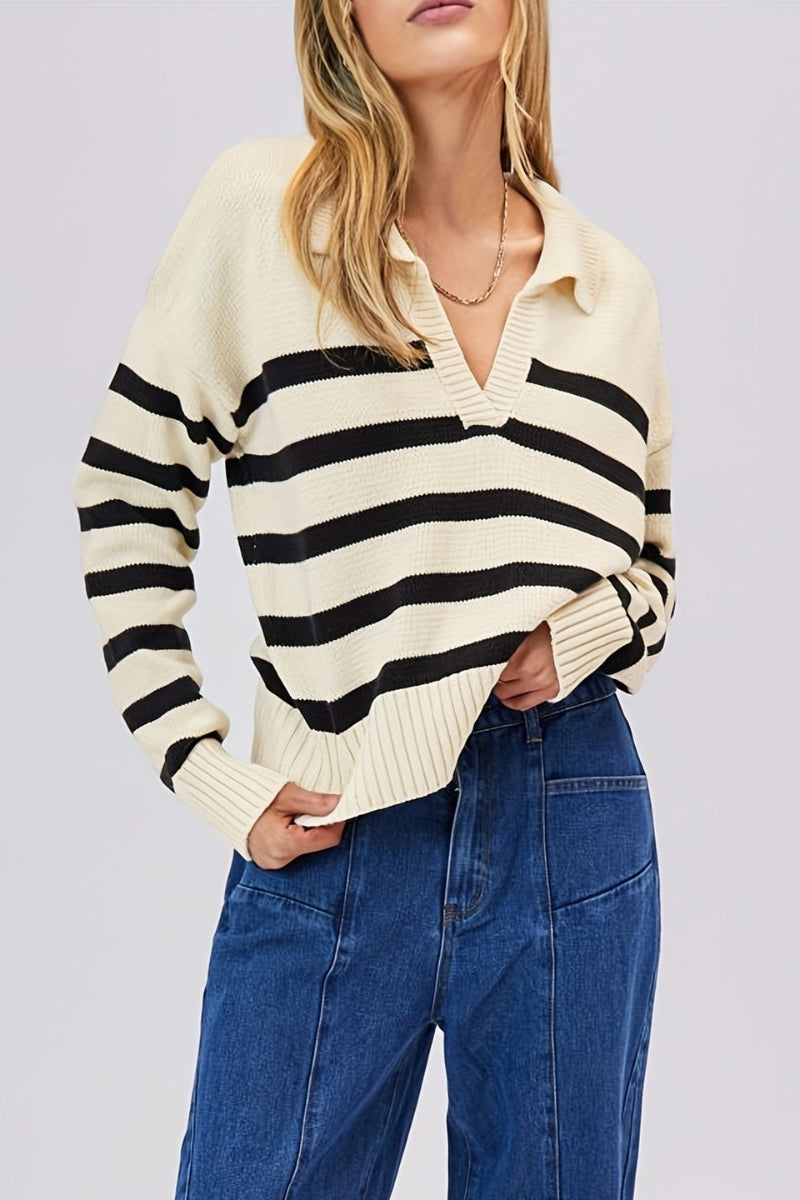 Striped Wool Collar V-Neck Sweater image 4
