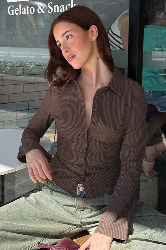 Polo Collar Striped Button Front Fitted Waist Blouse image 2