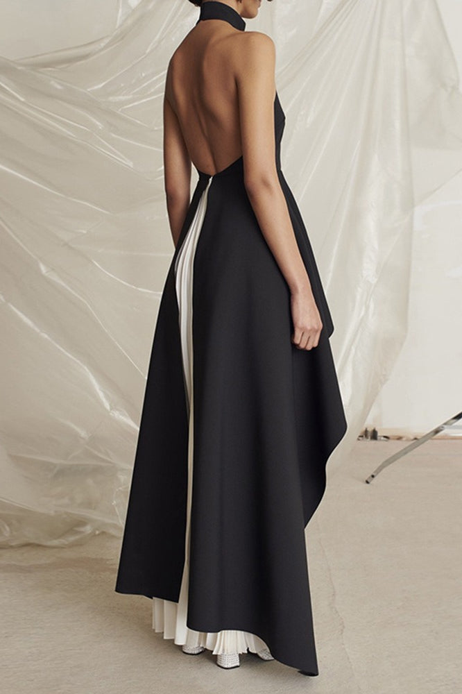 Halter Black White Contrast Pleated Prom Dress image 4