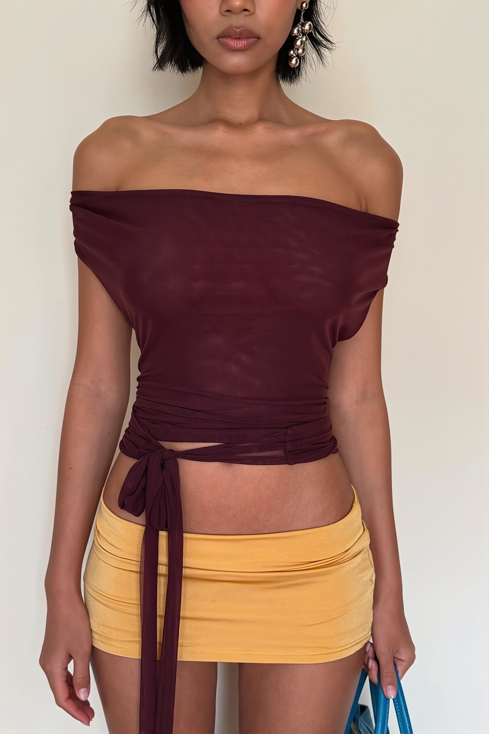 Chic Burgundy Draped V Neck Cinched Crop Blouse image 1