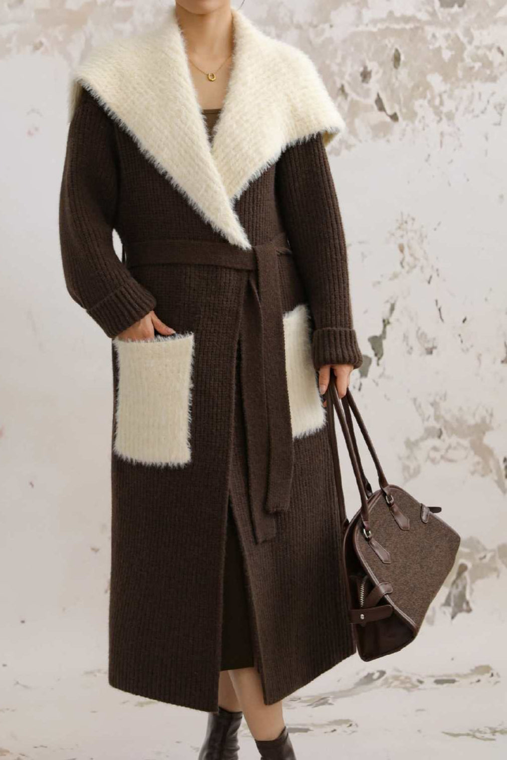 Faux Fur Collar Long Patchwork Loose Knit Overcoat image 6