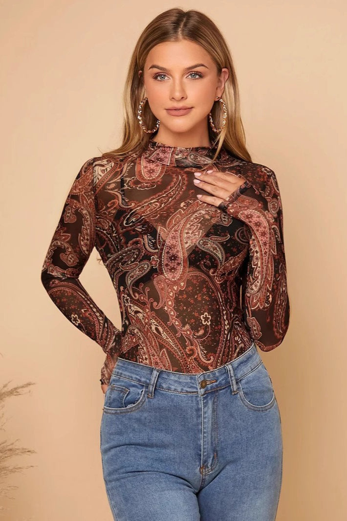 Paisley Print Stand Collar Mesh Long Sleeve Blouse image 3
