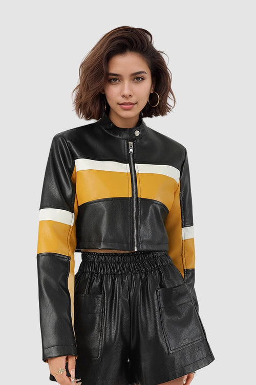 Colorblock PU Cropped Jacket image 2