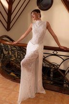 Sleeveless High Neck Flower Lace Patchwork Reception Dress image 2