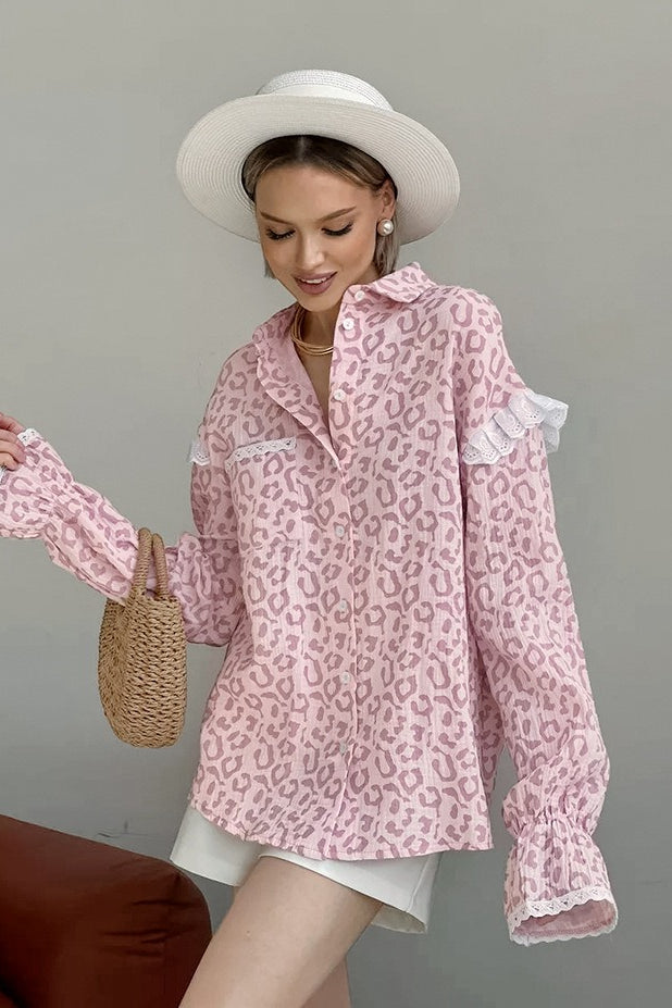 Pink Leopard Print Fashion Ruffle Blouse image 2