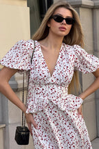 Printed V Neck Puff Sleeve Waist Maxi Dress image 4