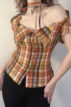 Plaid Fitted Waist Tie Neck Short Button Front Blouse image 4