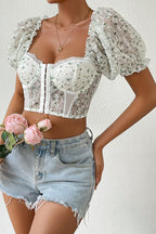 Printed Button Front Low Cut Backless Blouse image 1