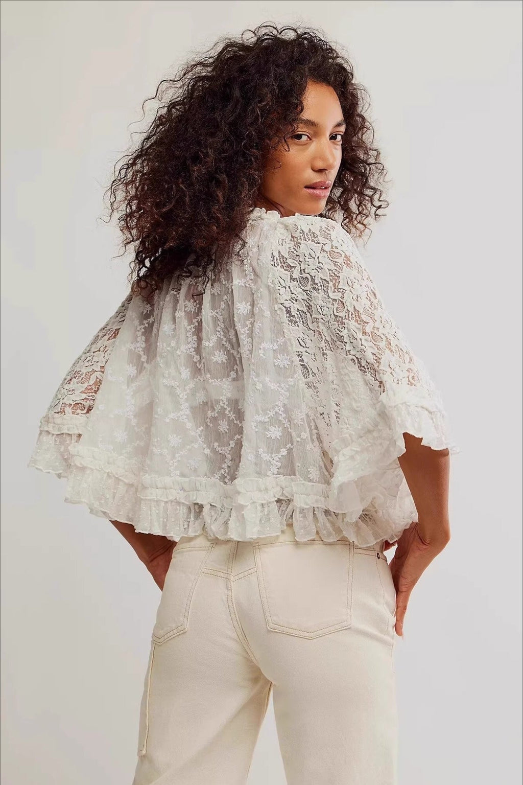 Lace Hollow Ruffle Sleeve Crop Blouse image 4