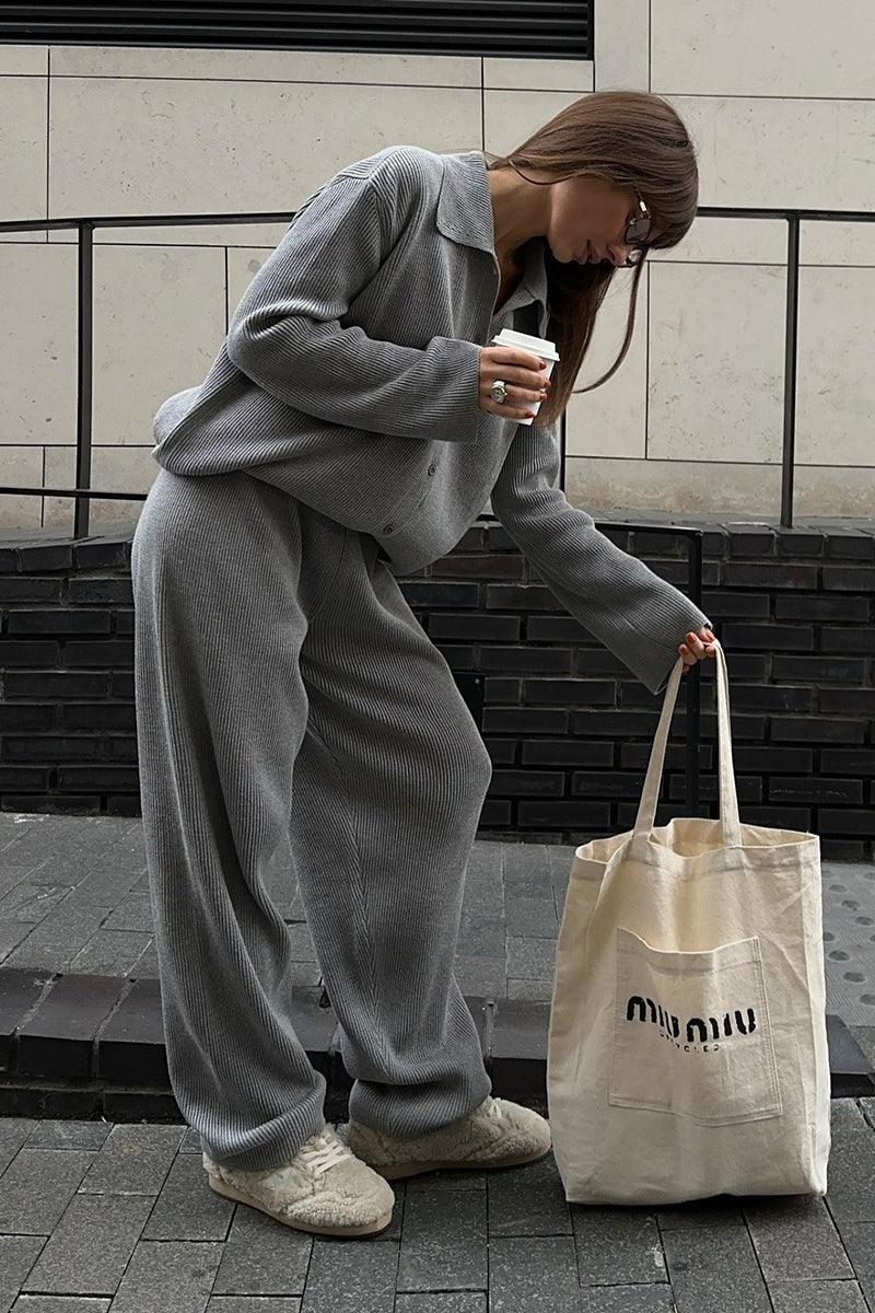 Knit Ribbed Collar Long Sleeve Loose Two Piece Set image 13