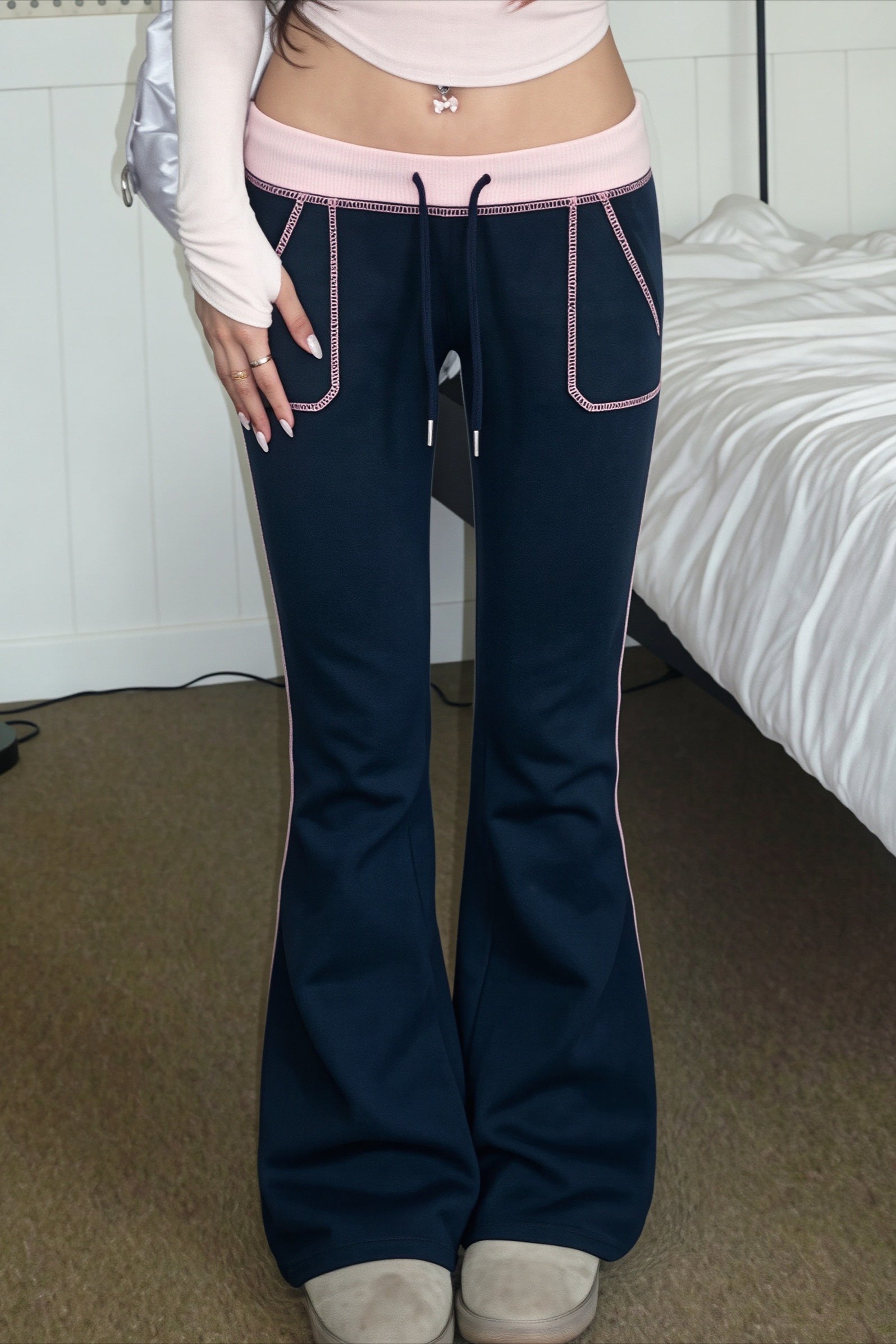 Contrast Drawstring Slim Knit Casual Pants image 1
