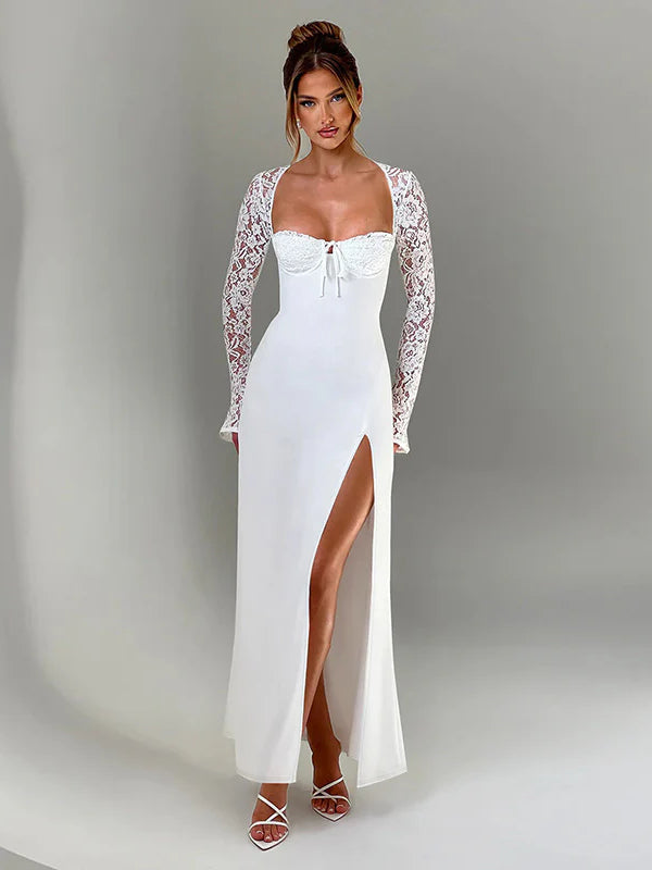 Lace Insert Long Sleeve Split Slim Fit Party Dress image 2