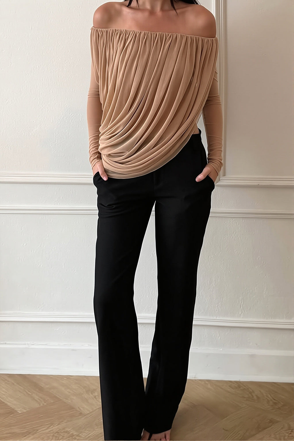 Off Shoulder Long Sleeve Ruched Strapless Sexy Blouse image 3