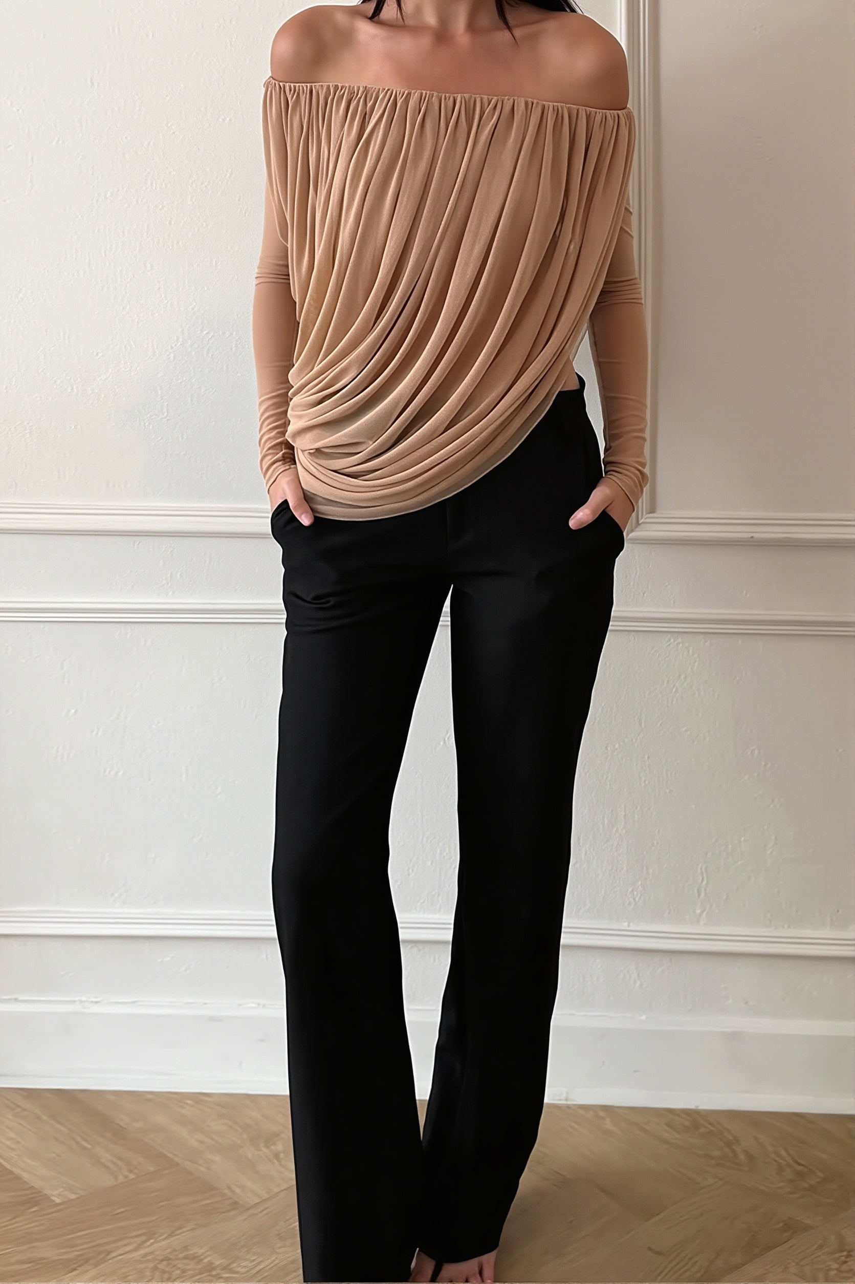 Off Shoulder Long Sleeve Ruched Strapless Sexy Blouse image 3