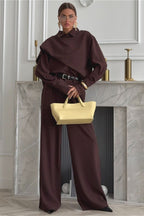 Vintage Chic Lapel Scarf Top & Wide Leg Pants Two Piece Set image 1