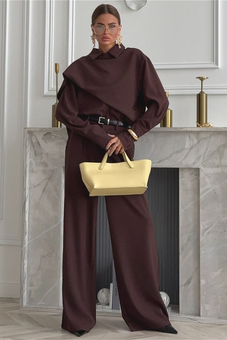 Vintage Chic Lapel Scarf Top & Wide Leg Pants Two Piece Set image 1