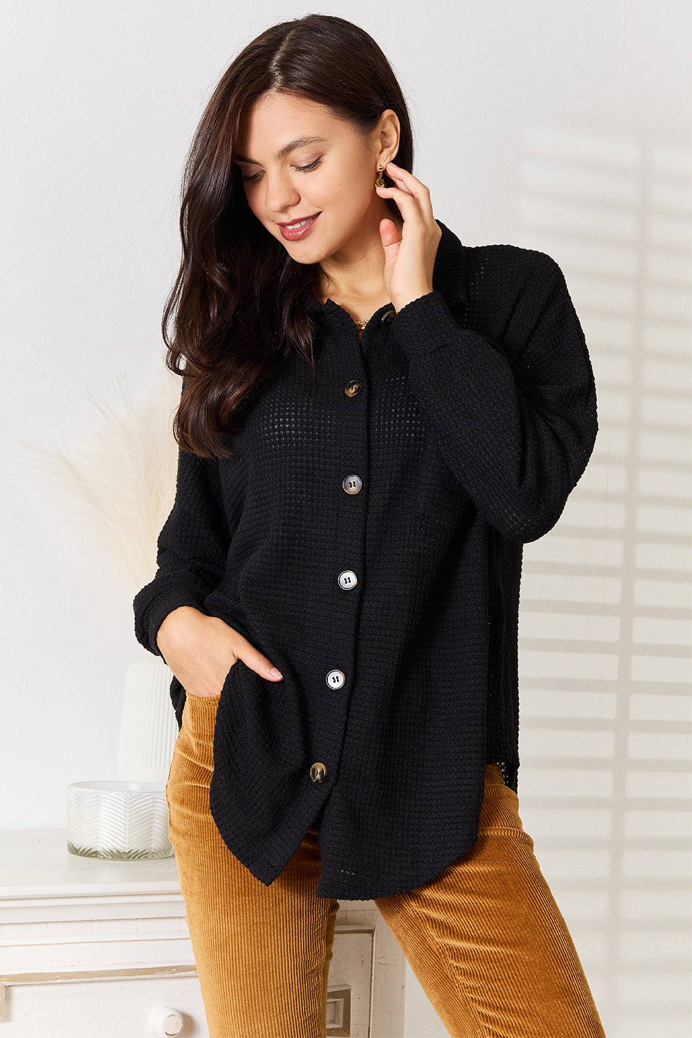 Romy Waffle Knit Shirt styled for Avrienne