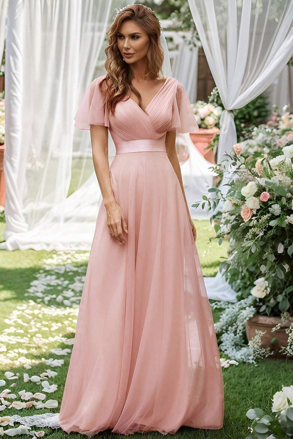 V Neck Mesh Elegant Ruffle Long Reception Dress image 7