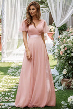 V Neck Mesh Elegant Ruffle Long Reception Dress image 7